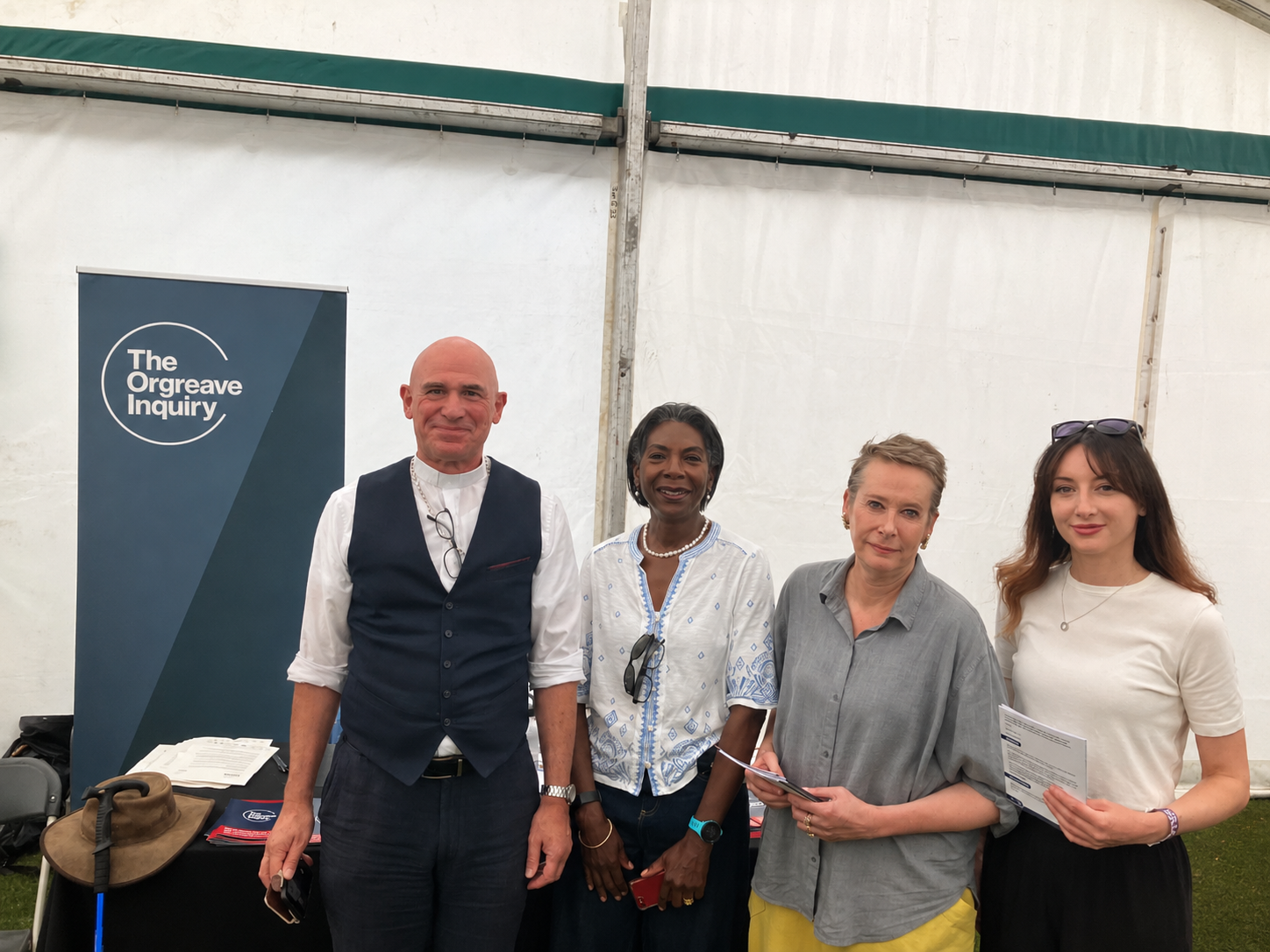 Chair and Panel (L-R: Bishop Pete Wilcox, Wendy Williams, Angie Sutton-Vane and Joanna Gilmore) in the tent at Durham Miners' Gala. 
