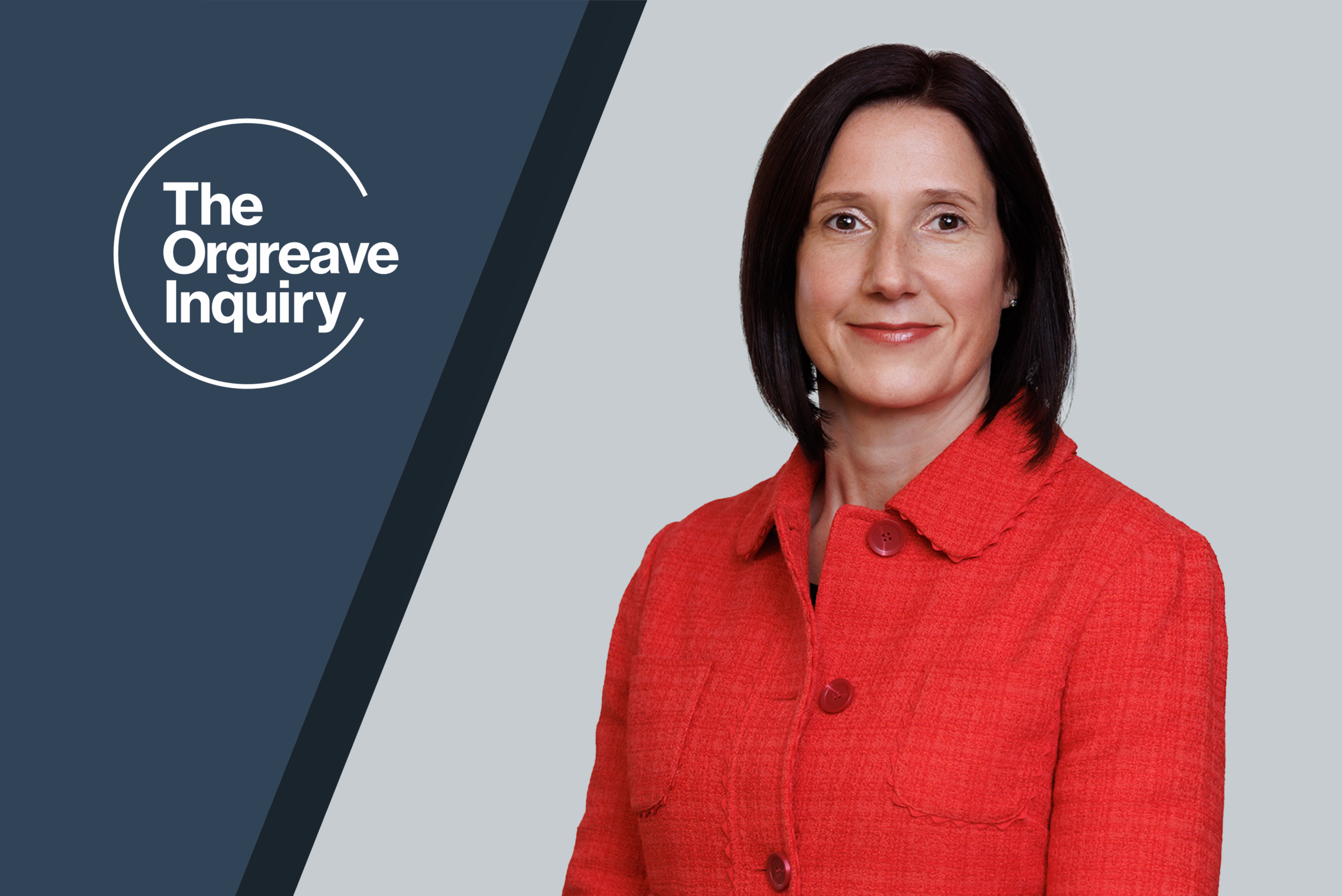 Portrait photograph of Sarah Jones, Solicitor to the Inquiry, wearing a red jacket beside The Orgreave Inquiry logo.